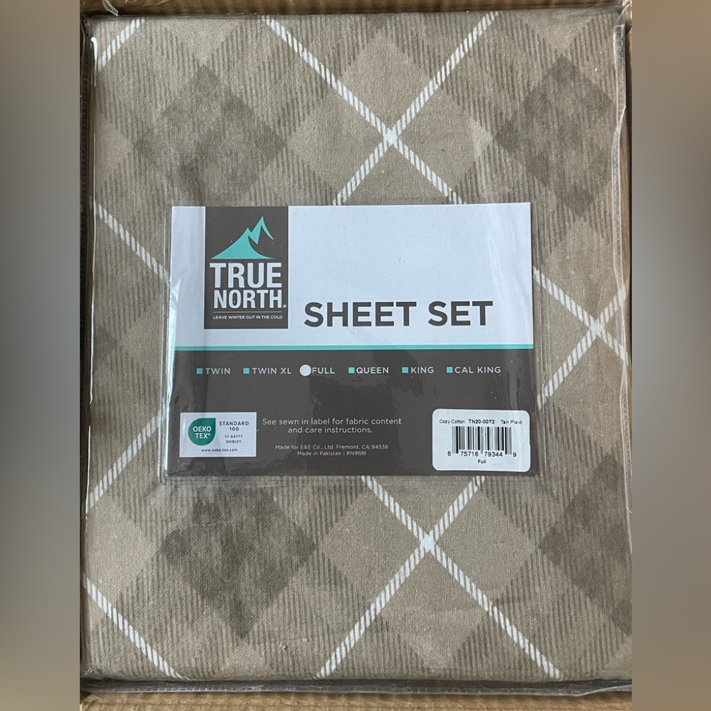 True North Cozy Flannel Warm 100% Cotton Sheet Full Sheet Set Tan Plaid 4 Piece
